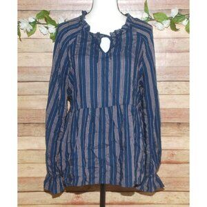 Wonderly Blue Striped Peplum Blouse Top Size L Ruffle Neckline Keyhole Neckline